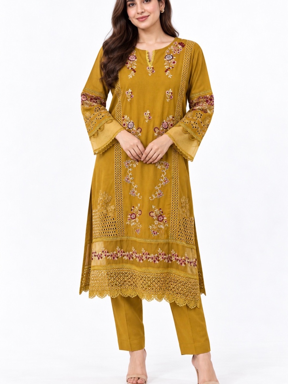 ZOON Mustard Floral Embroidered Kurta Tunic Size L